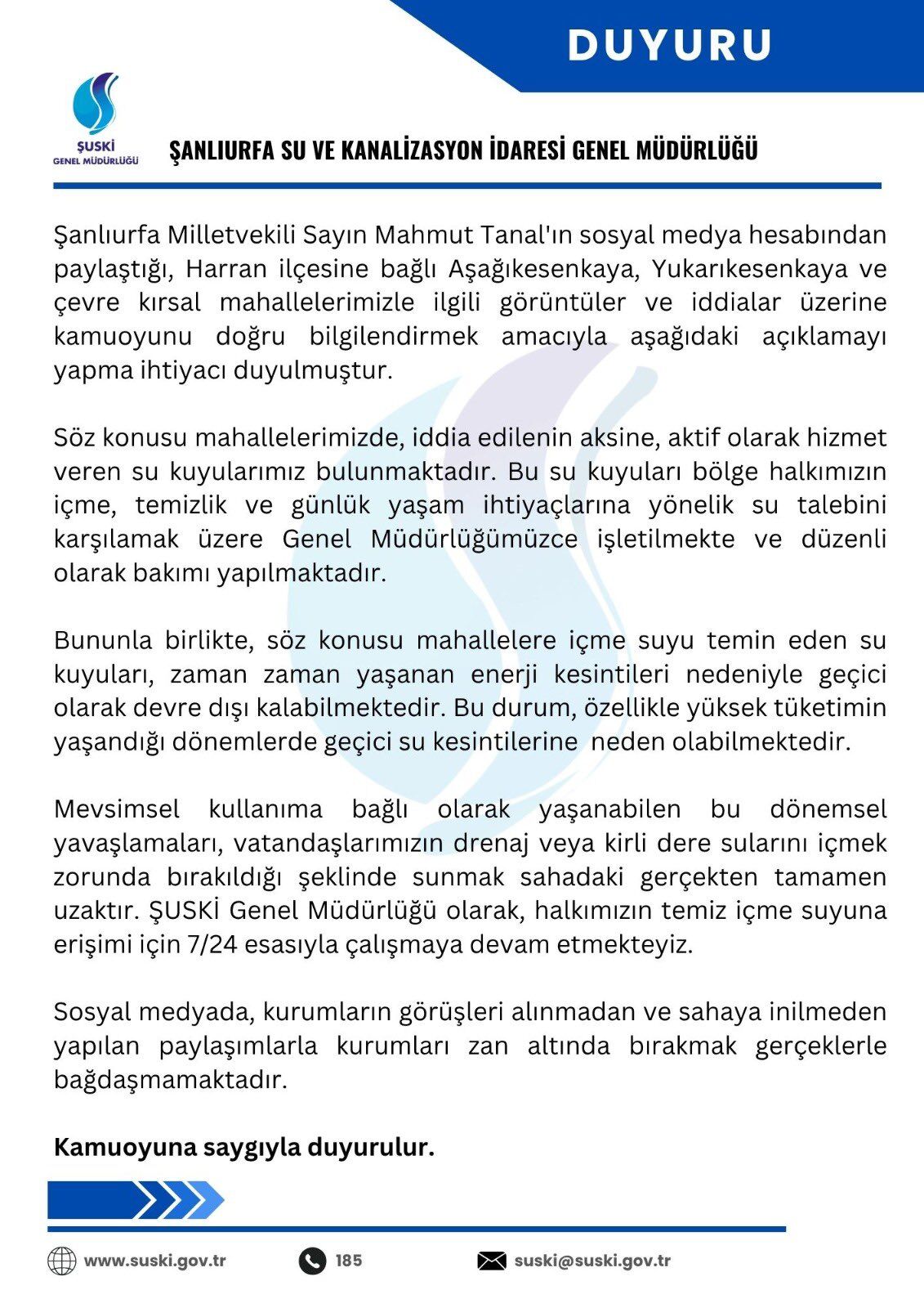 Şuski̇’den İçme Suyu Açiklamasi